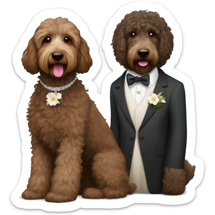 Black and brown bernadoodle in wedding dress and dark brown Australian labradoodle in suit sticker