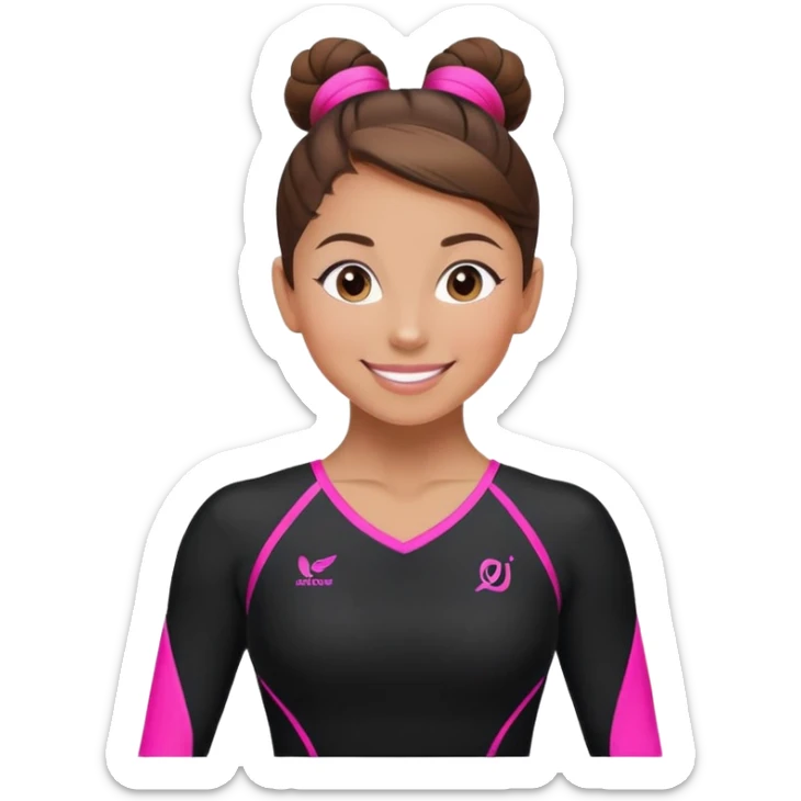 Happy female gymnast with brown hair in a neat bun, wearing a black uniform with neon pink elements. sticker