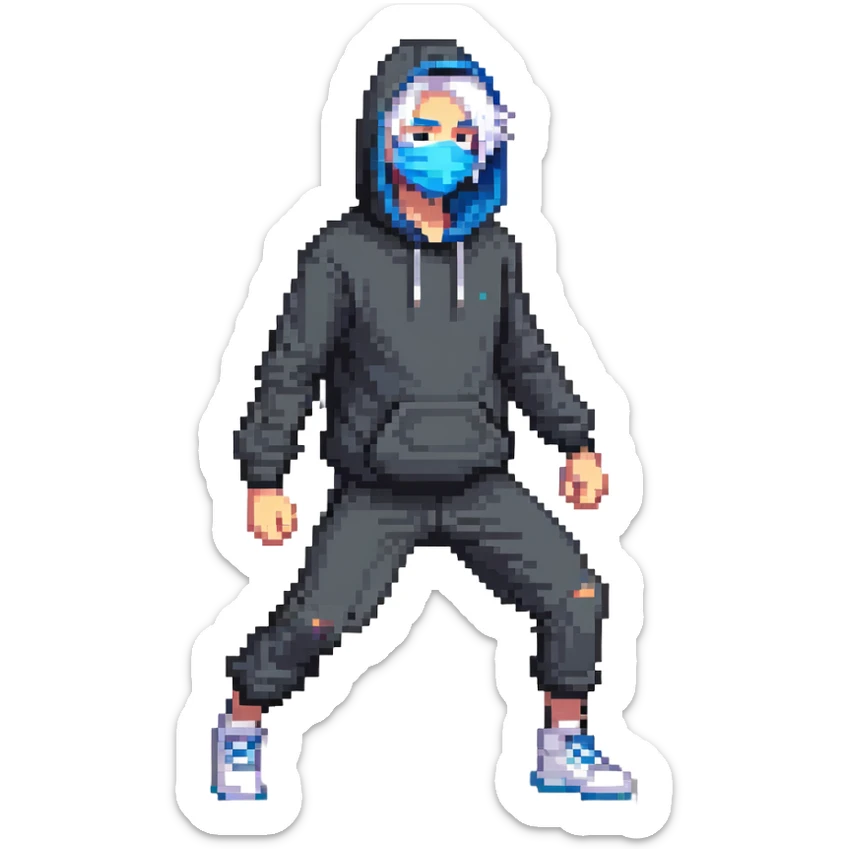 teen in hoodie, blue mask, white hair, dynamic pose sticker