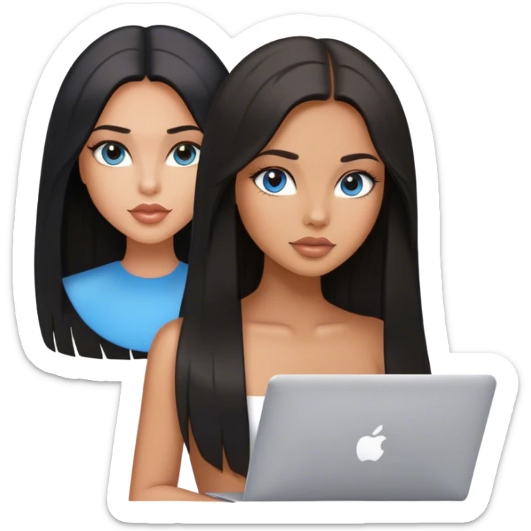 Glamours tanned very beautiful girl with pump peach nude lips and black straight smooth long hair, blue-grey eyes stading with MacBook sticker