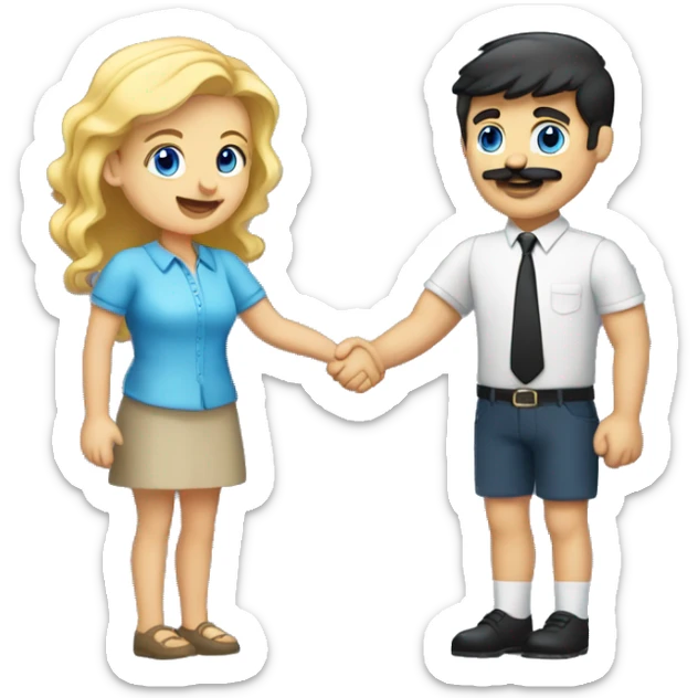 blonde blue eyed woman shaking hands with dark hair dark eyed man with mustache  sticker