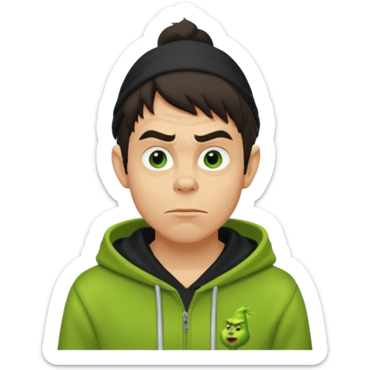 Create an avatar of white European with dark hair  male in hoodie with ``BST`` letters on it. Make background to look like from movie Grinch. make him look from right to left sticker