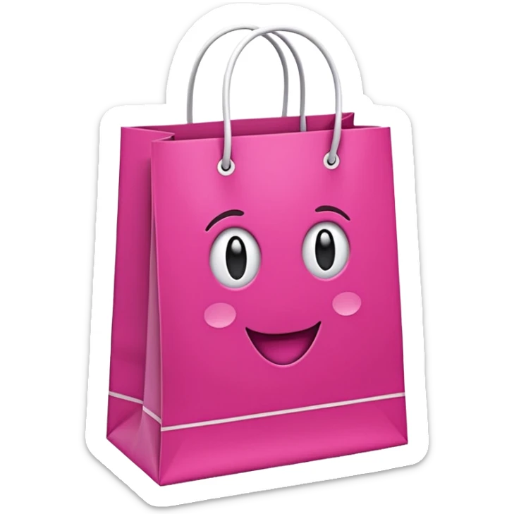 Bolsa de papel rosa fucsia con asas blancas, patrón repetido 'DRUNI' en rosa claro y un 'DRUNI' vertical blanco en el centro, estilo emoji iOS, brillante y realista. sticker