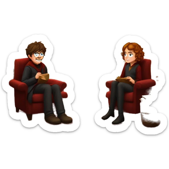 Harry, Ron, and Hermione sitting by a roaring fireplace in the Gryffindor common room, with stockings hanging and Christmas lights sparkling sticker