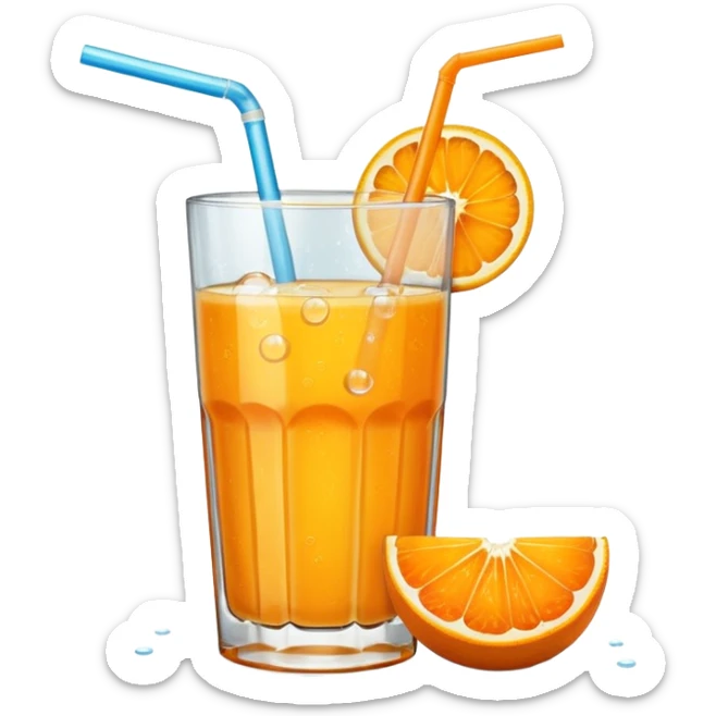 A glas of orange juice. Without a straw. With a slice of orange next to it on the bottom sticker