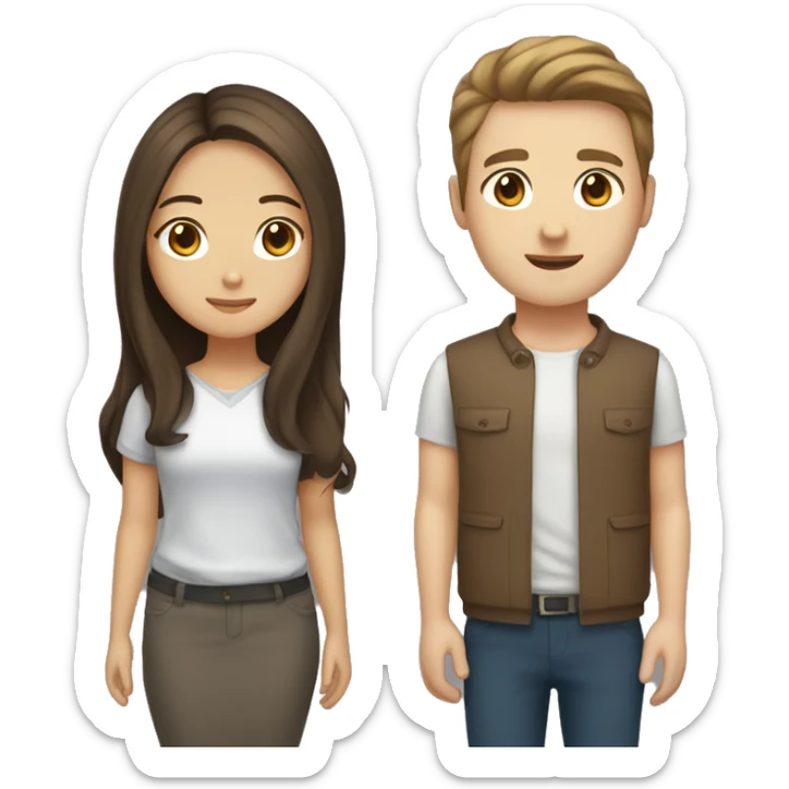 brown haired asian girl with straight hair and brown haired white guy with wavy hair sticker