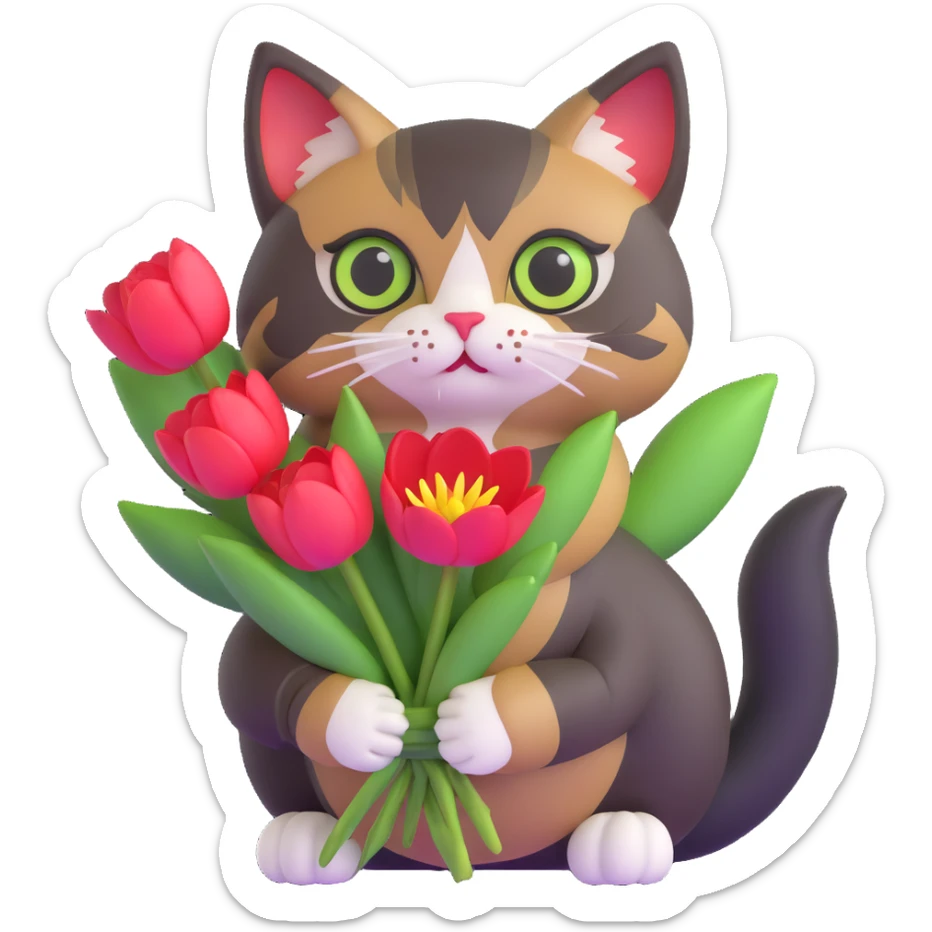 tricolor fluffy cat with big green eyes holding red tulips in her arms sticker