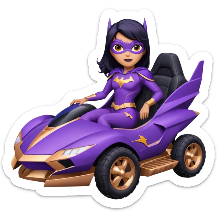 Hot full size real-appearance racing action BatGirl’s feminine midnight-purple tight outfit sixty’s tv show 1992 stealth retro cat burglar sporty petite off-road pursuit hovering black hover cruiser car rose gold accents (black hair,reclined and relaxed seating position and attitude) desert sticker