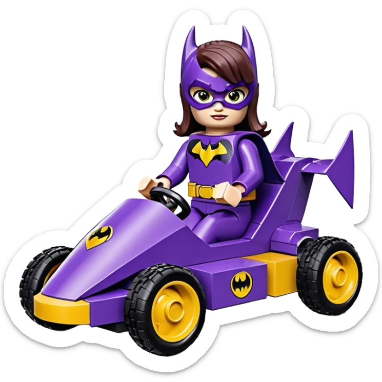 Hot full size real-appearance retro electric racing action BatGirl’s Lego feminine midnight-purple tight outfit sixty’s tv show 1992 stealthy retro sporty safe plush petite off-road pursuit hovering hover cruiser car rose gold accents (black hair,reclined and relaxed seating position) go kart  sticker