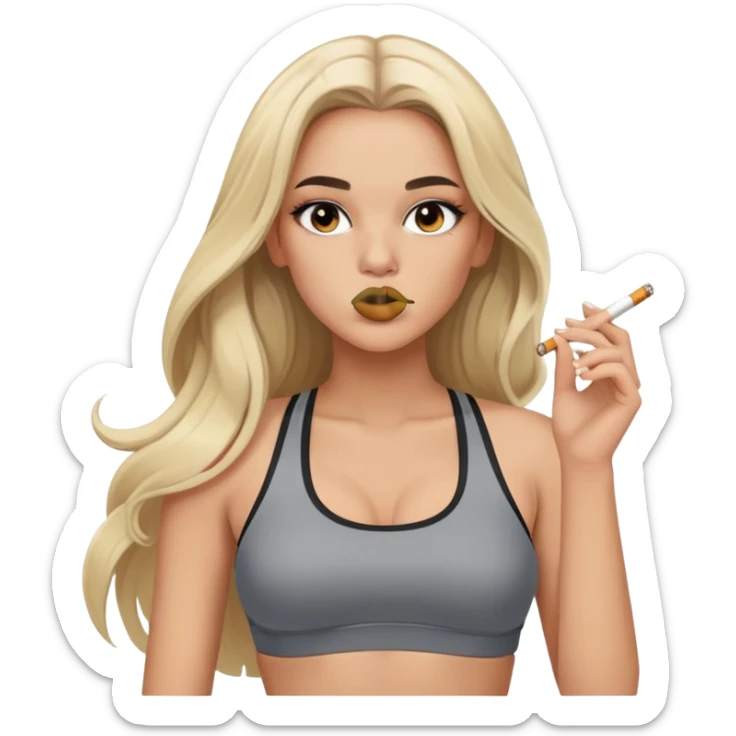 blonde gorgeous girl long hair with latina makeup smoking a cigarette and blowing smoke grey sports bra sticker