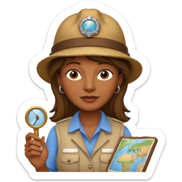 55-year-old female archaeologist, brown skin, wearing an archaeologist hat, small map beside her sticker
