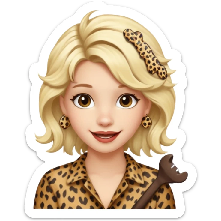 Une fille blonde et joyeuse. Elle porte une coiffure rock et originale avec 3 pinces pour cheveux  léopard et motif peau de vache. sticker