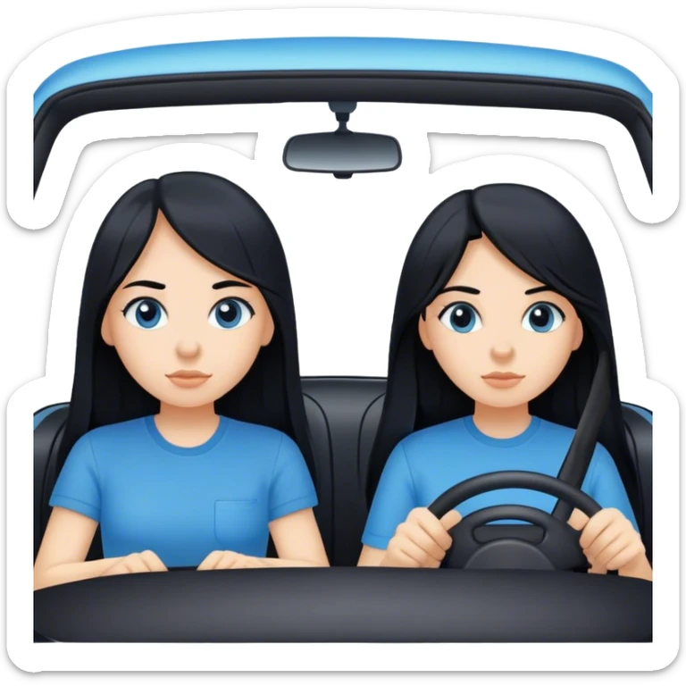 Two girls both with black long hair one with a blue shirt one with a black shirt in a white car driving to a destination sticker