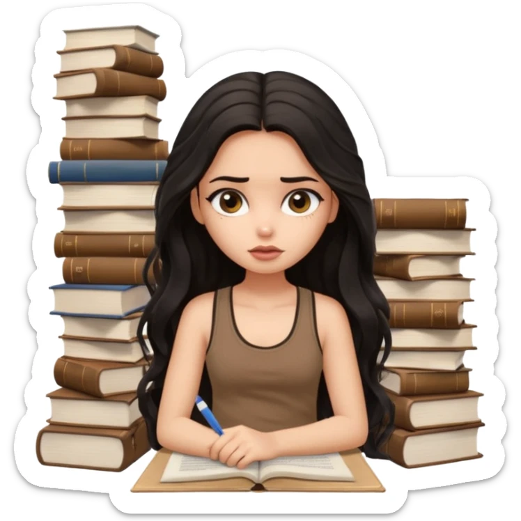 a pretty bratz light dusky girl with long wavy black hair in a brown tank top studying and lookinh tired with stacks of books and papers sticker