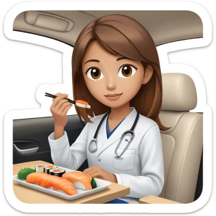 My little girlfriend Emmy, she is cute, is skinny, likes to eat sushi, wears scrubs. Has brown high with highlights, drives white tesla sticker