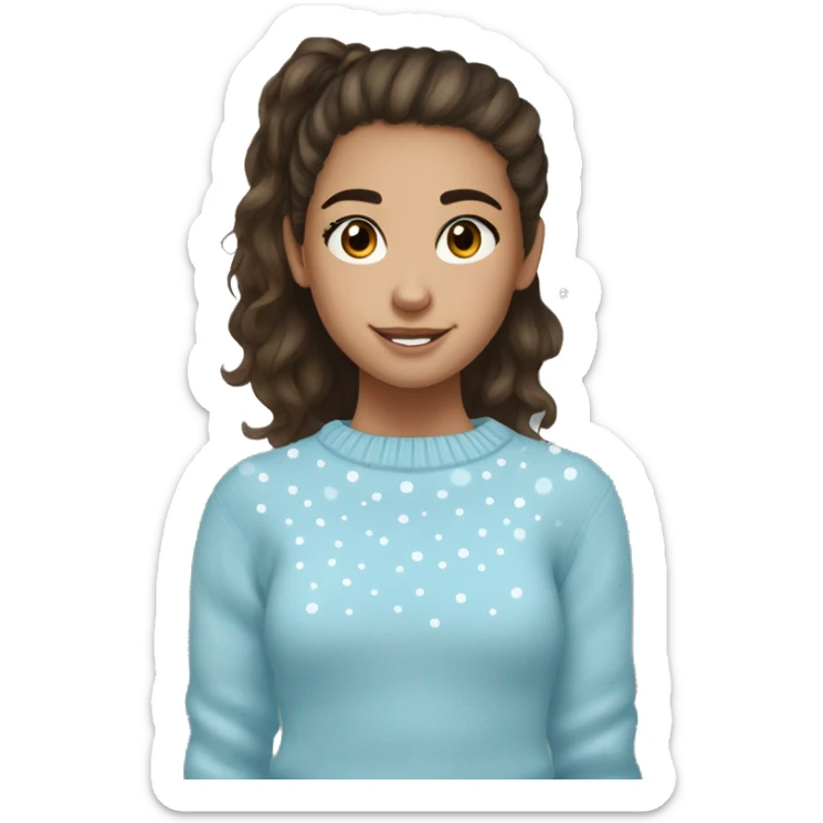 teenage girl, hispanic, freckles, afro brown hair, pony tail, short hair, brown eyes, light blue sweater, winter sweater, freckles, face dots sticker