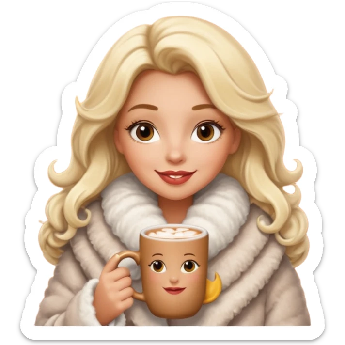 Tanned Girl with lashes , blonde hair, in an extremely big fluffy oversized coat and hold hot chocolate drink and half moon eyes , big lip sticker