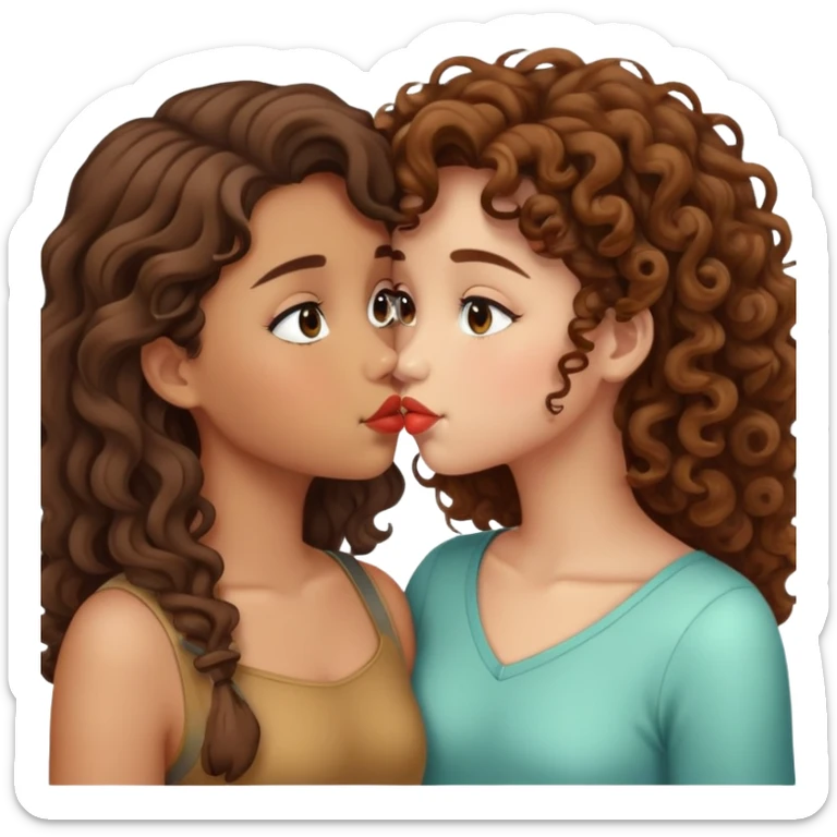 Two girls kissing both tan one with curly hair the other with straight hair both have brown hair sticker