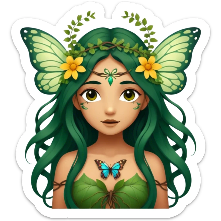 Cinematic Realistic Forest Nymph Fairy Portrait, depicted with lifelike, sun-kissed tanned skin that radiates an earthy glow, softly illuminated by natural, dappled light. Her long, flowing dark green hair is intricately detailed and interwoven with delicate vines and wildflowers, while her deep, soulful eyes mirror the wisdom of the forest. Dressed in an attire inspired by nature’s palette—with subtle botanical motifs—the portrait exudes a soft, enchanted glow that melds realism with woodland magic showing her large butterfly wings from her back. sticker