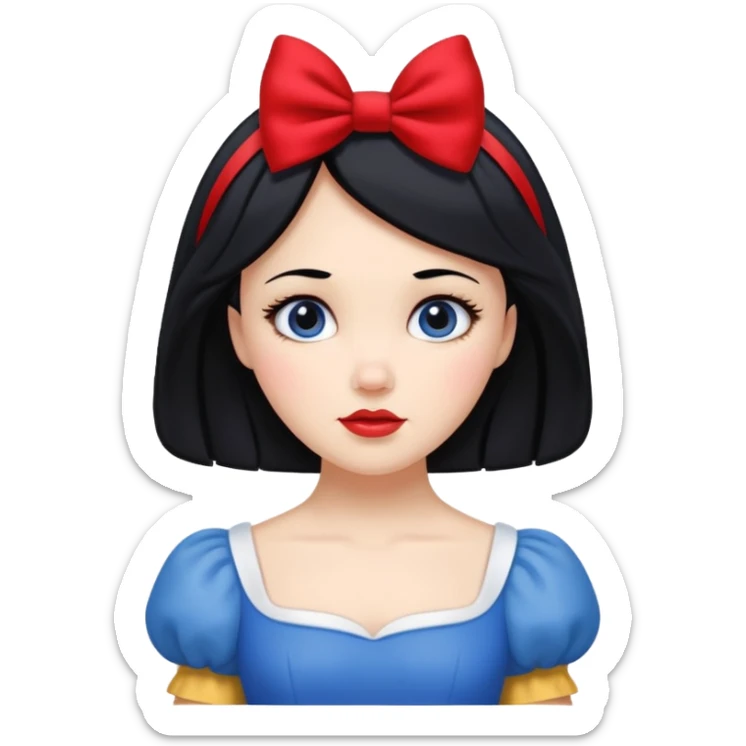 Snow White emoji, classic fairytale princess with black hair, red bow, and blue-yellow dress sticker