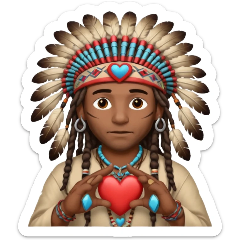Black American man dark brown with dreads with a American Indian headdress with making a heart with both his hands sticker