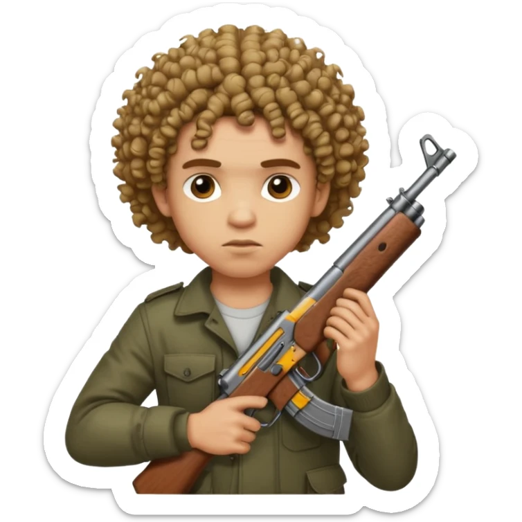 AK47 in hand, light skin male with curly hair and a fade sticker