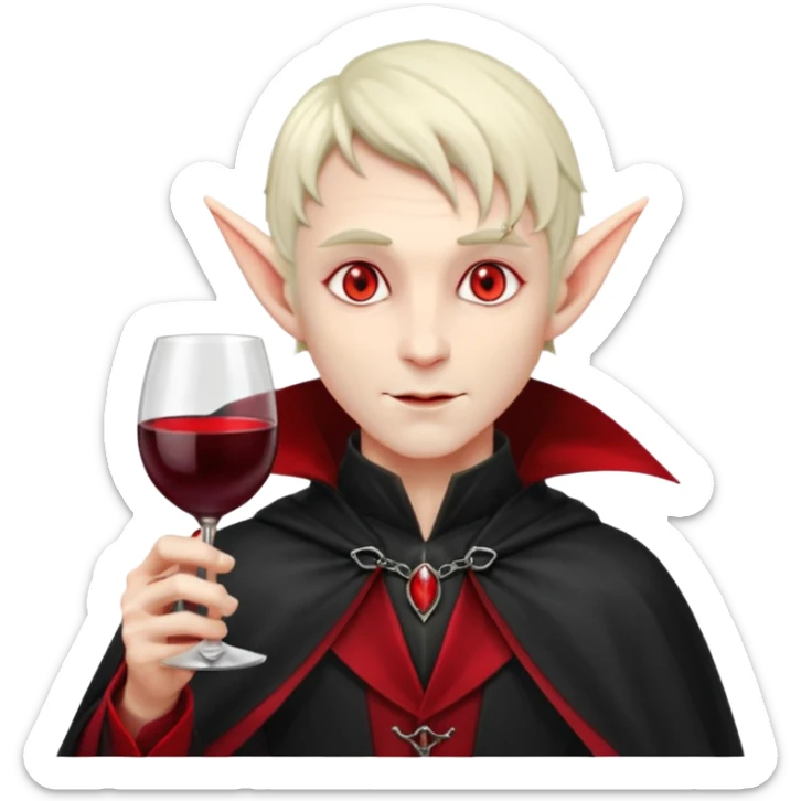 male elf vampire emoji, pale skin, red glowing eyes, long pointed ears, black high-collared cloak with red lining, holding a wine glass filled with red liquid, elegant Halloween fantasy look, smooth Apple emoji style, clean white background, square image sticker