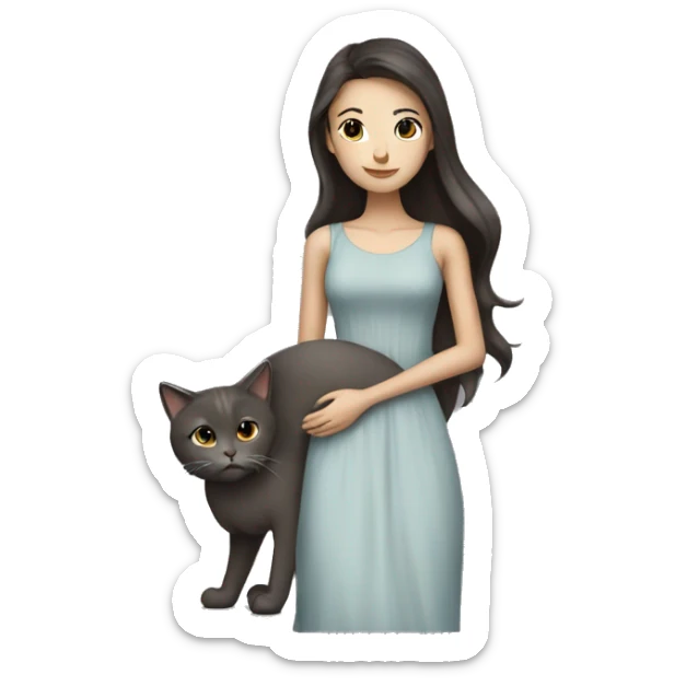 Beautiful skinny woman long dark brown hair in dress hug grey cat sticker