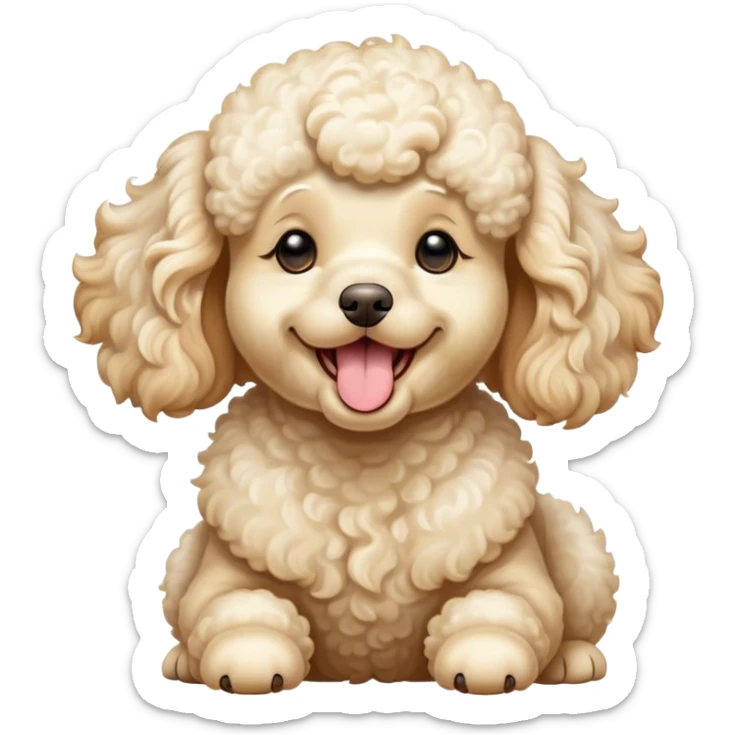 Cinematic Cute Yawning Cream Poodle Portrait Emoji, Head tilted slightly with a dramatic, wide-open yawn, displaying a soft, curly cream Fur with delicate texture, floppy ears slightly drooping, round warm eyes barely open in drowsy contentment, Simplified yet irresistibly adorable features, highly detailed, glowing with a soft, cozy glow, high shine, relaxed yet expressive, stylized with a touch of whimsy, bright and endearing, soft glowing outline, capturing the essence of a sleepy yet affectionate companion, so drowsy it feels like it could stretch right out of the screen and curl up for a nap! sticker