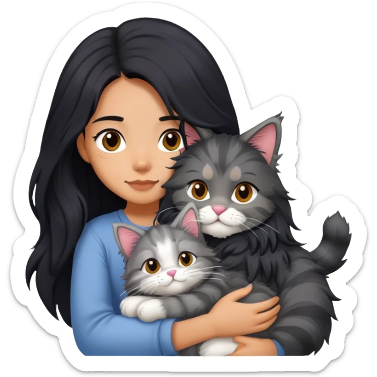 Girl with long black hair hugging a gray fluffy plush toy and a tricolor Maine Coon cat sticker