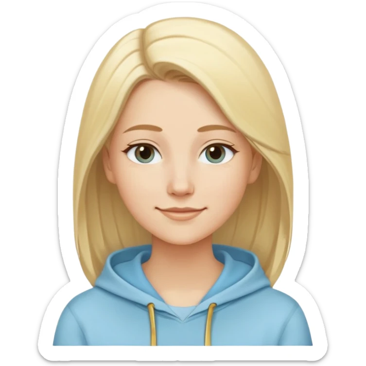 Caucasian woman, oval face, straight light blonde hair with side part, serene smile, dreamy expression, light blue hoodie with gold and white details sticker