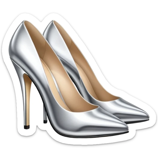 A pair of high heel shoes emoji made of polished silver chrome, elegant sharp silhouette, smooth metallic surface, glossy reflections, luxury sexy vibe, minimalistic iOS emoji style, centered, clean white background sticker