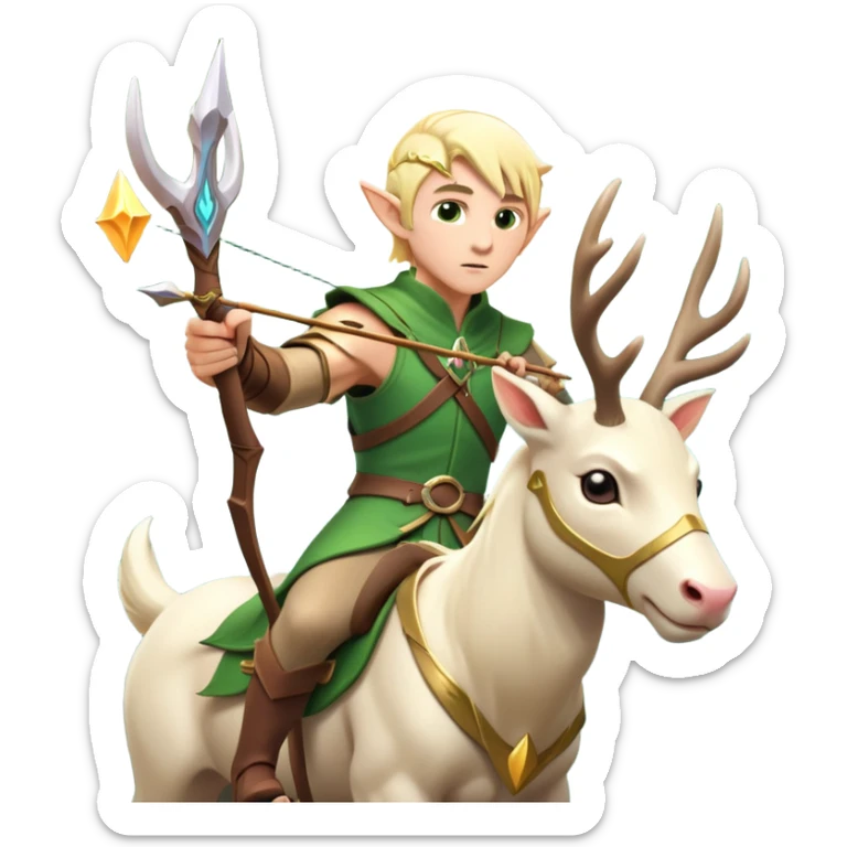 clash-of-clans-aesthetic-blond-male elf-archer-portrait-emoji, rendered in a flat, vector-style with minimal shading and bold, simplified shapes, head tilted slightly forward with a determined, focused expression, riding a majestic white stag whose antlers glow with mystical energy, set against an ancient, enchanted forest backdrop. sticker