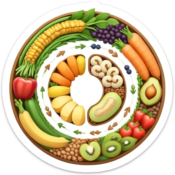 Dietary fiber concept with whole grains, fruits, vegetables and legumes arranged in a circular pattern, with a stylized intestine in the center showing fiber passing through, surrounded by small arrows indicating movement and digestion sticker