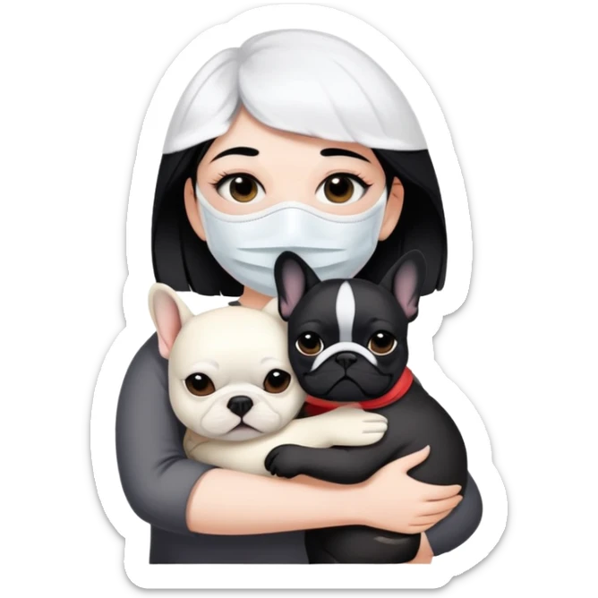 girl with short black straight hair and wearing a white mask and hugging a black French bulldog sticker