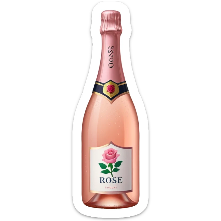 bottle of sparkling rosé with a rose logo on the label, angled to the left, no glass sticker