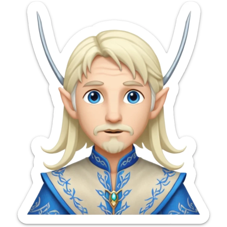 elf prince with pointy ears, white skin, silverblond shoulder-length hair, blue eyes, Chin beard, no crown or hat sticker