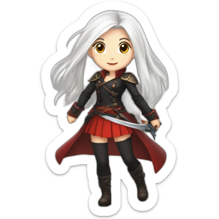 rpg-girl-with-long-straight white-hair-and-red-skirt and black tights like chibi sticker