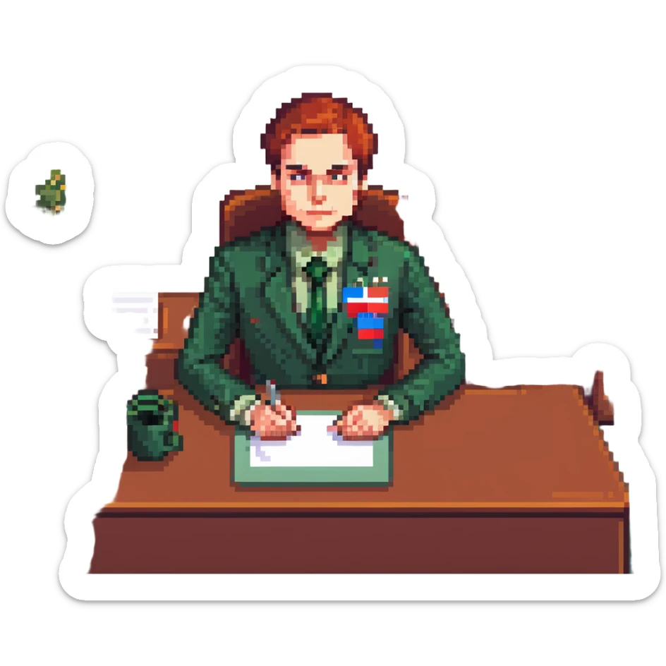 Russian Ministry of Finance employee dealing with sanctions, detailed, professional attire, serious expression, office setting, Russian flag elements subtly included, green color scheme sticker