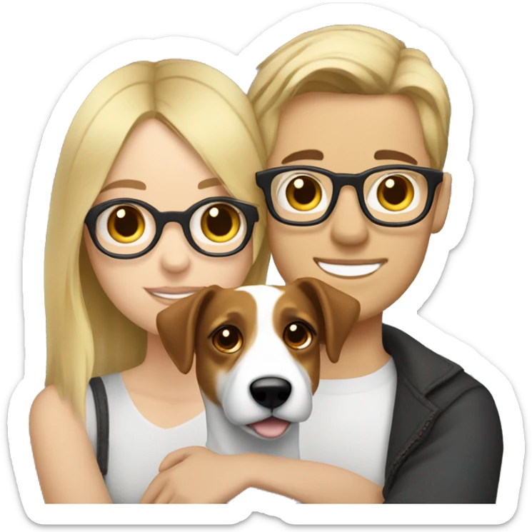 Blonde girl and her white boyfriend with brown hair and glasses cuddling a jack Russell  sticker