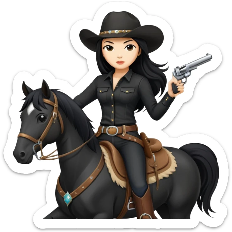 confident Asian woman with long black hair wearing black outfit riding a horse cowgirl style with a pistol sticker