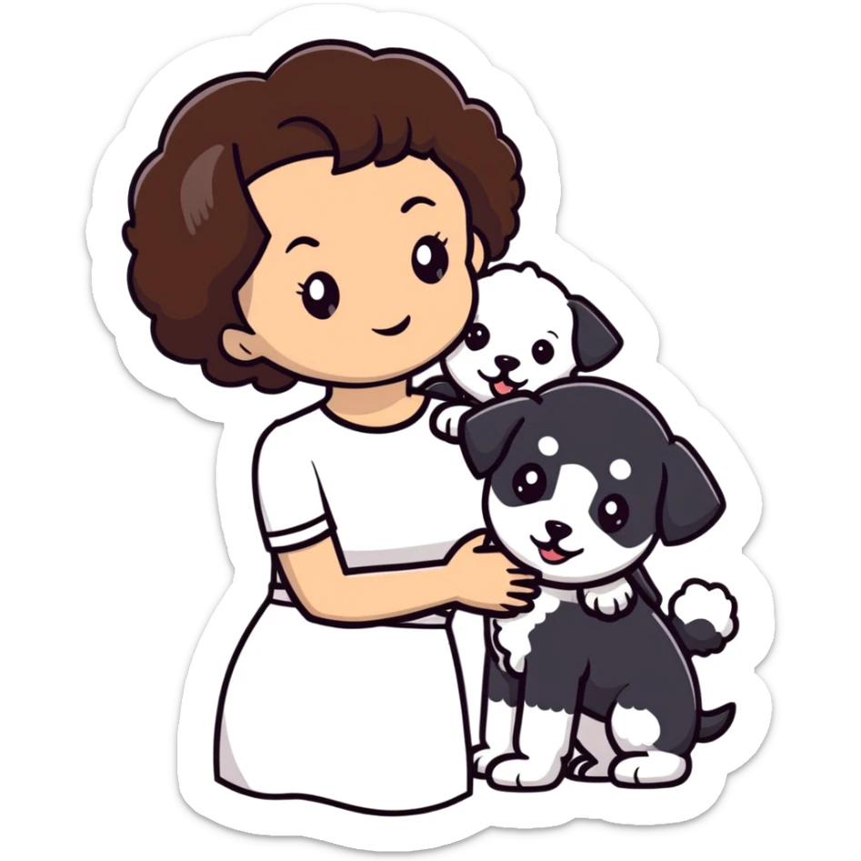 woman with short black hair hugging a brown poodle and a white bichon frise sticker