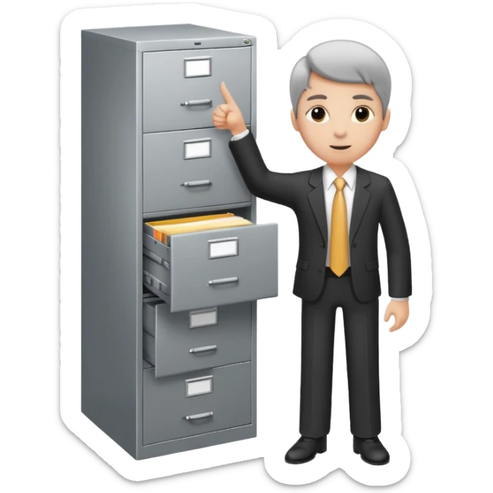 A person in business attire pointing to a tall filing cabinet, indicating document organization. sticker