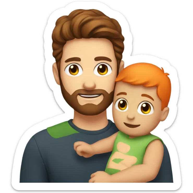 A guy with green eyes and dark brown hair and orange beard holding a baby boy sticker