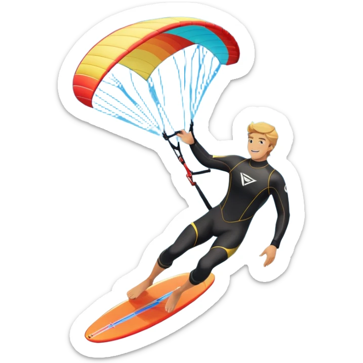 An athlete in a wetsuit, gliding above the waves on a kiteboard, holding onto a paraglider in the sky. The backdrop features a vibrant blue sky and rolling ocean waves, capturing the thrill and skill of the sport with a sense of freedom and adventure. sticker