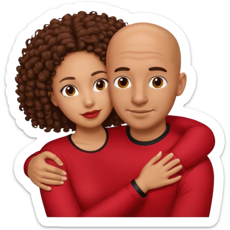 A picture of a tanned couple embracing. the guy is Mexican, with a bald hair cut and he is wearing a red shirt. the girl is mixed, the girl is wearing a black shirt, the girl has brown curly big hair and with big boobs  sticker
