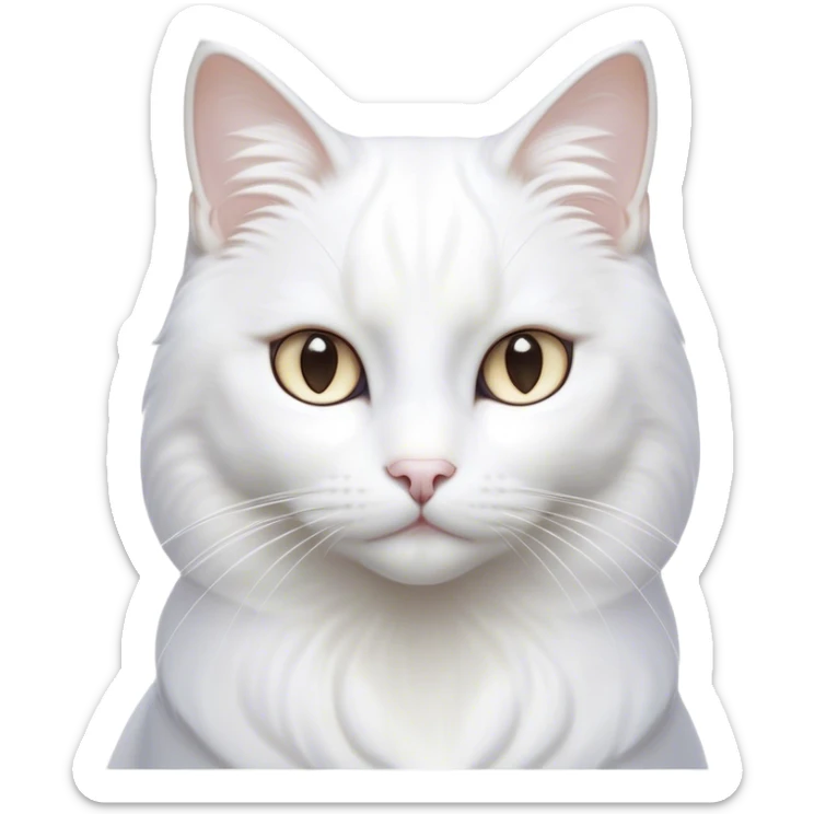 Cinematic Noble White Cat Portrait Emoji, Poised and stately, with a pristine, snow-white fur accented by delicate hints of silver, refined whiskers and a serene, focused gaze, simplified yet impeccably detailed, glowing with an ethereal radiance and timeless elegance, high shine, exuding calm intelligence and regal simplicity, soft glowing outline, capturing the essence of a noble white cat that radiates quiet majesty! sticker