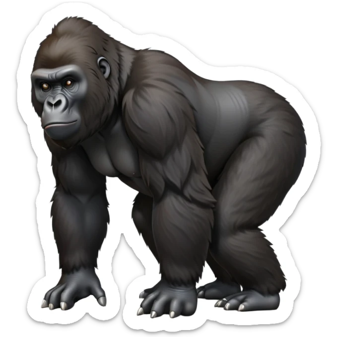 cinematic-gorilla-realistic-full-body-on-all-fours-emoji,-exuding-strength,-thick-dark-fur-in-the-light,-head-tilted-dramatically,-deep-friendly-eyes-filled-with-intense-intelligence,-simplified-yet-realistic-focused-features,-highly-detailed, zoomed out friendly  sticker