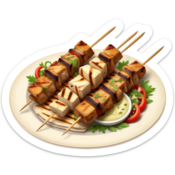 cinematic-realistic-souvlaki-dish-emoji,-showcasing-skewered,-grilled-chicken-with-mediterranean-spices-rendered-with-dynamic-textures-and-warm,-appetizing-lighting on pita bread on a plate sticker