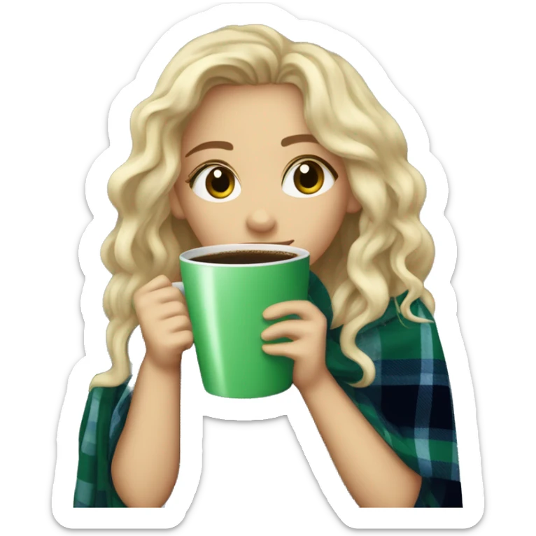 cute dirty blonde girl with green hazel wrapped in dark blue plaid blanket drinking coffeeemoji sticker